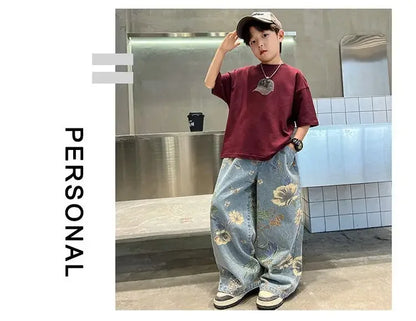 Boys' Summer Outfit Sets New Style Children's Short Sleeved T-shirt Long Pants Two-piece Suits Big Children's Stylish Sets