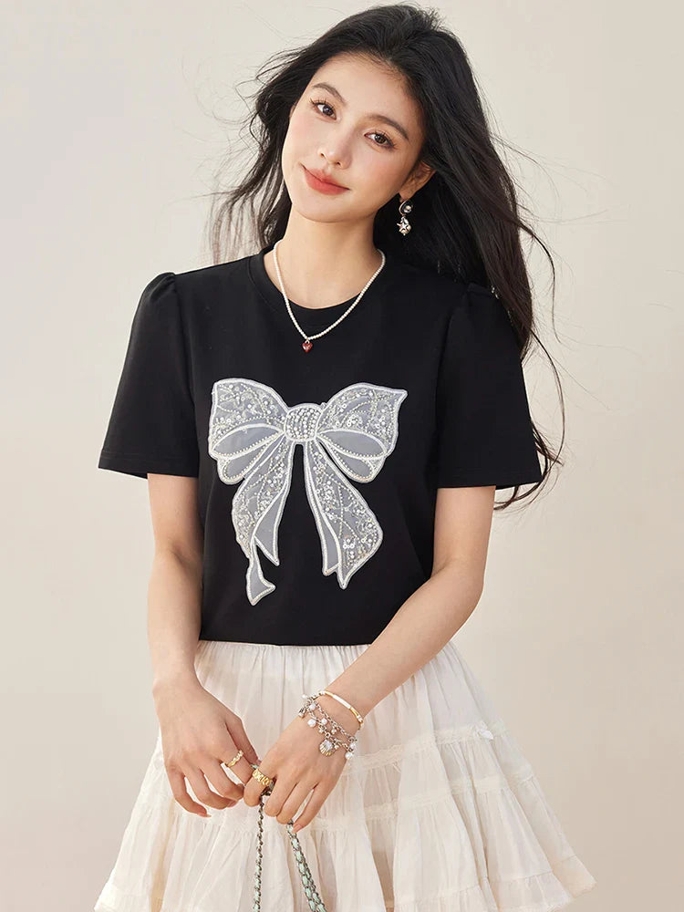 Summer New Sweet Short Sleeved T-shirt Women Fashion Bow Tops Harajuku Casual Simple T-shirt Y2k Top