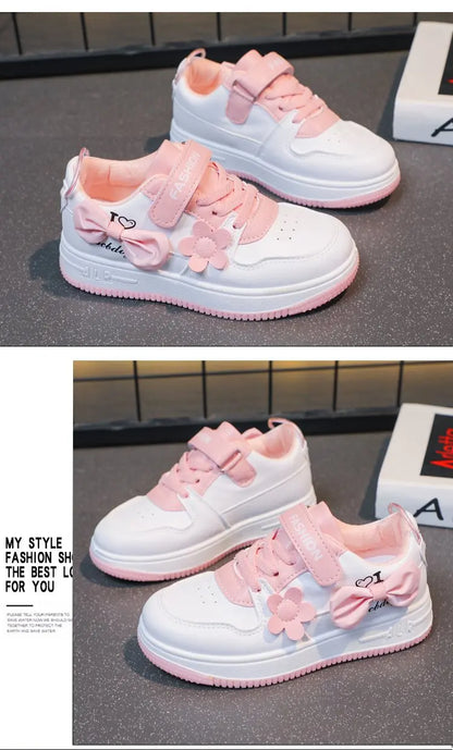 Girls Sneakers Pink Bow Decoration 3D Flowers Cute Sports Shoes Spring Autumn Breathable Casual Non-slip Outdoors Board Shoes