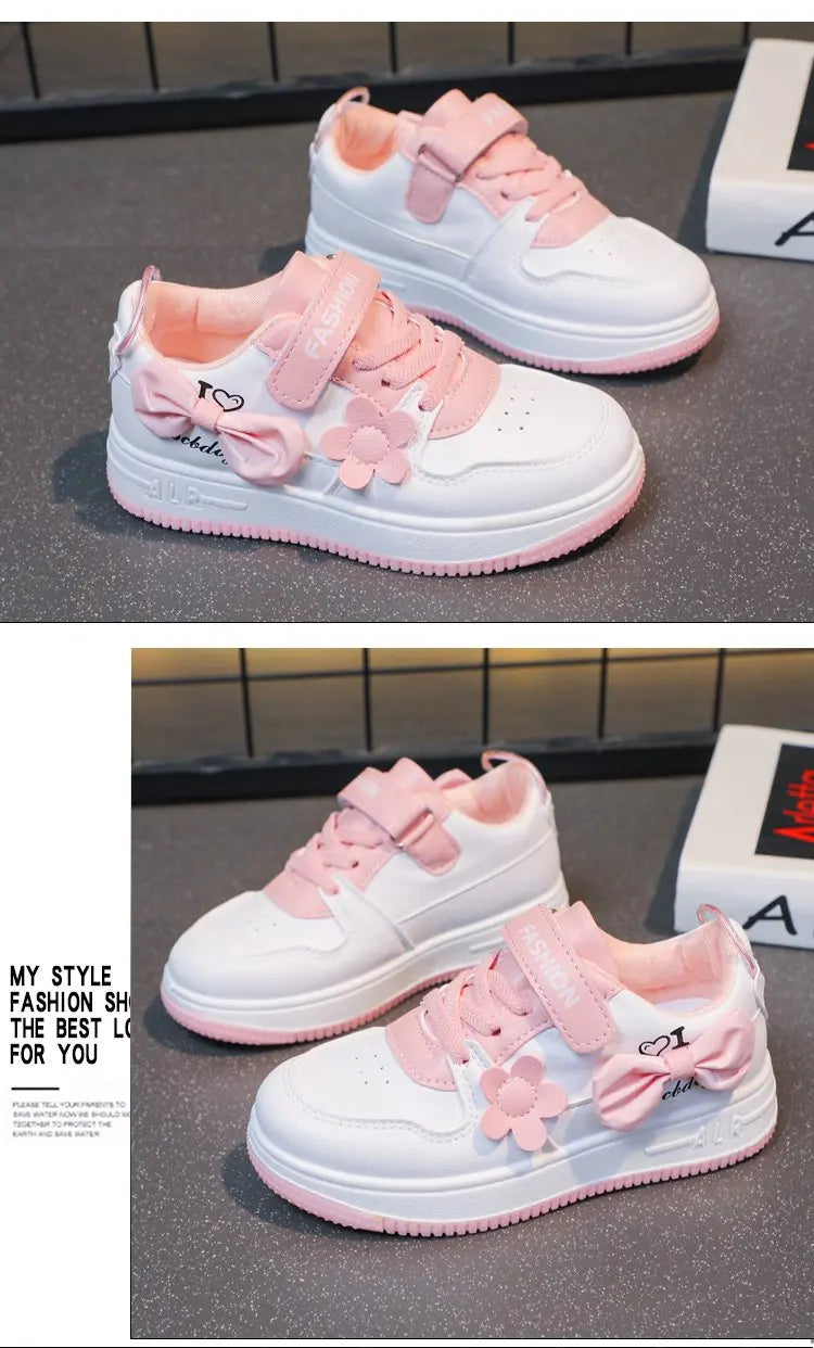 Girls Sneakers Pink Bow Decoration 3D Flowers Cute Sports Shoes Spring Autumn Breathable Casual Non-slip Outdoors Board Shoes