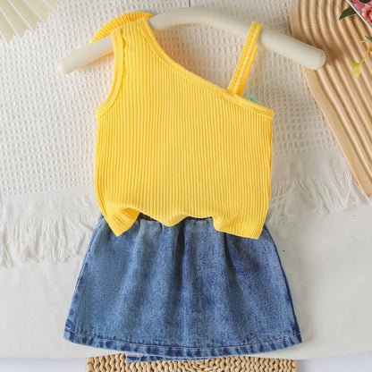 Small Fresh Jeans Skirts Sets Cute Baby Girl Comfortable And Breathable Set Cute Flower Embroidery Short Sleeve Skirt Two Piece