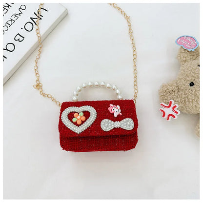 Sweet Bow Children's Small Square Shoulder Bag Sequin Lace Princess Girls Crossbody Bags Pearl Handle Coin Purse Handbags Gifts