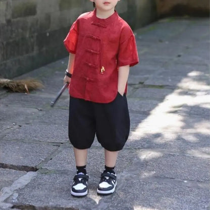 Chidren Clothing Set Casual Boys Summer Chinese Style Short Sleeve Shirt Shorts 2 PCs Set Kids Chinese Traditional Clothing