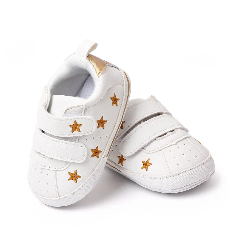 Baby White PU Sneaker Non-slip for Toddler Boys and Girls Cute Embroidery Stars and Hearts