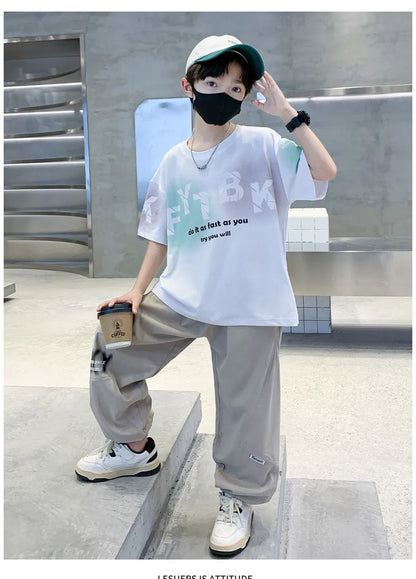 Teenager Boys Clothes Casual Outfit Kids Gradient Tracksuit Child t shirt + ankle tie pant