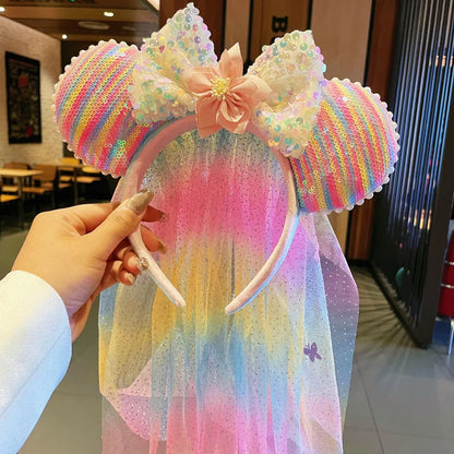 Adorable Sweet Rainbow Mouse ears veil Headband Gradient Butterfly Knot Hairband Theme Fresh Style Women's Hair Accessories