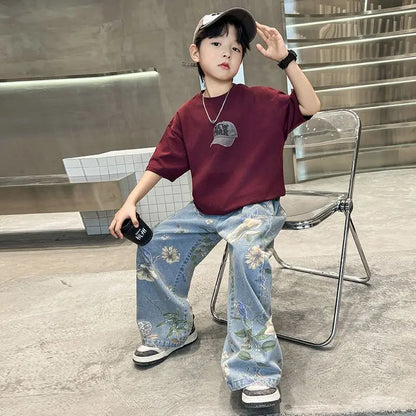 Boys' Summer Outfit Sets New Style Children's Short Sleeved T-shirt Long Pants Two-piece Suits Big Children's Stylish Sets