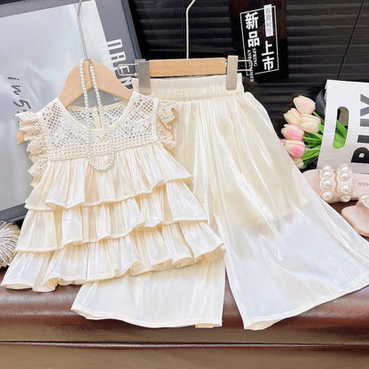 Bear Leader Summer Korean Version Girl Suits Flying Sleeve Round Neck Doll Shirt + wide Leg Pants 2-Pcs Set Kids Clothing