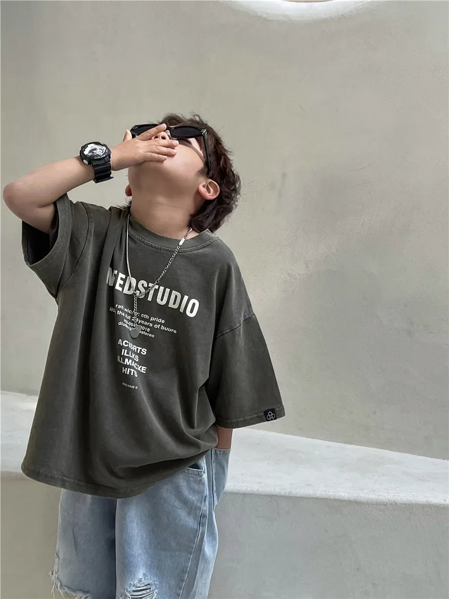 Pure Cotton Children's Short Sleeved Simple Trendy Letters Faded and Worn Half Sleeved T-shirts Boys Girls Stylish