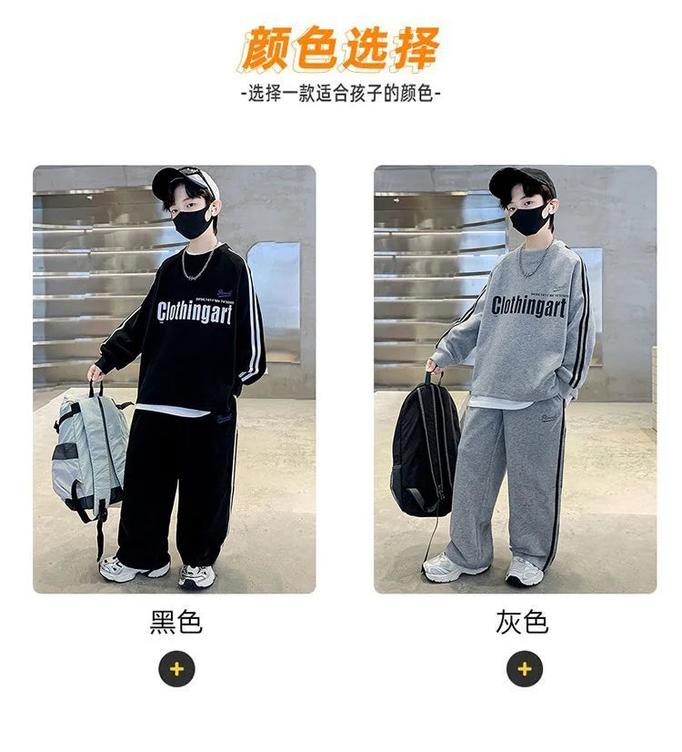 Teenager boys Suit autumn winter Cloth letter striped sweatshirt hooded + wide leg Pants tracksuit 5 8 10 12 Year Child set