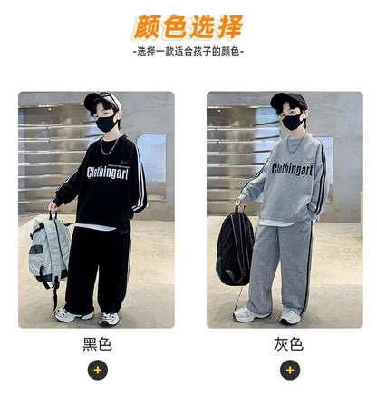 Teenager boys Suit autumn winter Cloth letter striped sweatshirt hooded + wide leg Pants tracksuit 5 8 10 12 Year Child set