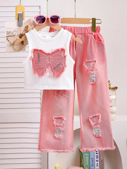 Unique Kid Set Summer Girl Sleeveless Applique Bow Camisole Top Ripped Denim Pants Two-Piece Children Suit Casual Comfortable