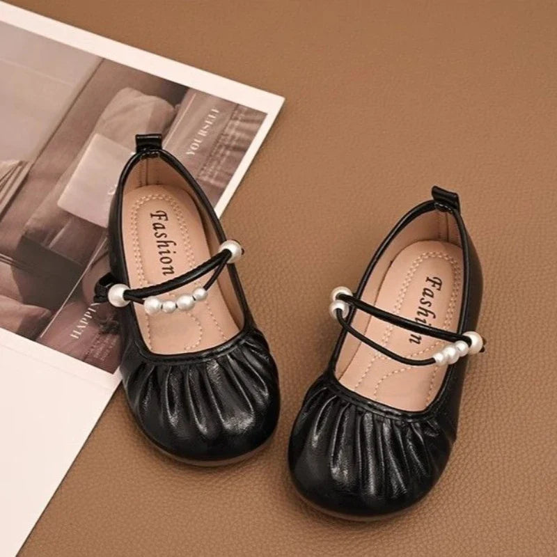 Fashion Girls Soft Sole Princess Leather Shoes Spring Autumn New Style Pearl Embellished Kids Loafers