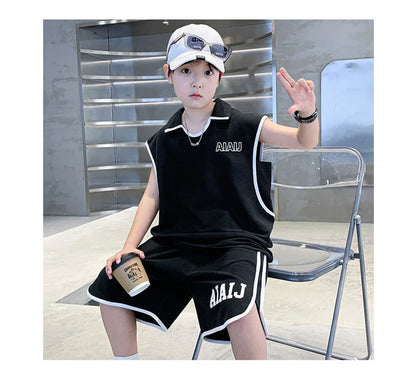 Boys Clothing Set American Style Children Vintage Vest Casual Sport Loose Pullover Sleeveless T-shirt Top Shorts Two-piece Set