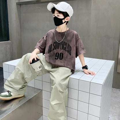 Boys Summer Clothing Set Children Casual Cotton Outfit Suit Brown Color Kids Cotton