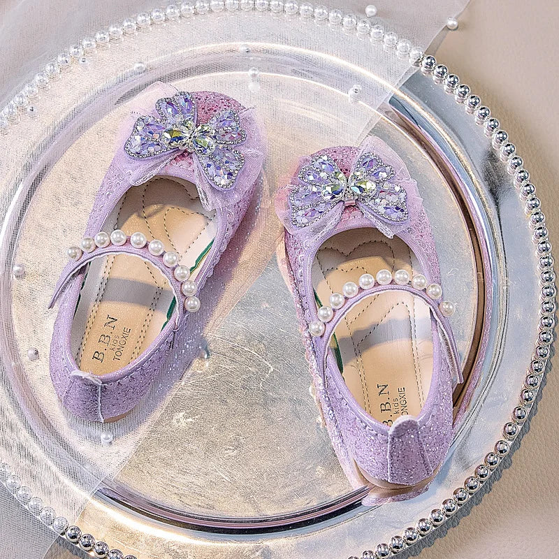 Bowtie Kids Leather Shoe Fashion Causal Sequins Children Causal Wedding Flat Shoes Autumn Girl Princess Shoes