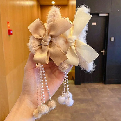 New Elegant Plush Hair Claw Plush Bow Tassel Temperament Girls Women Headdress Shark Clip Winter Accessories Hair Cute