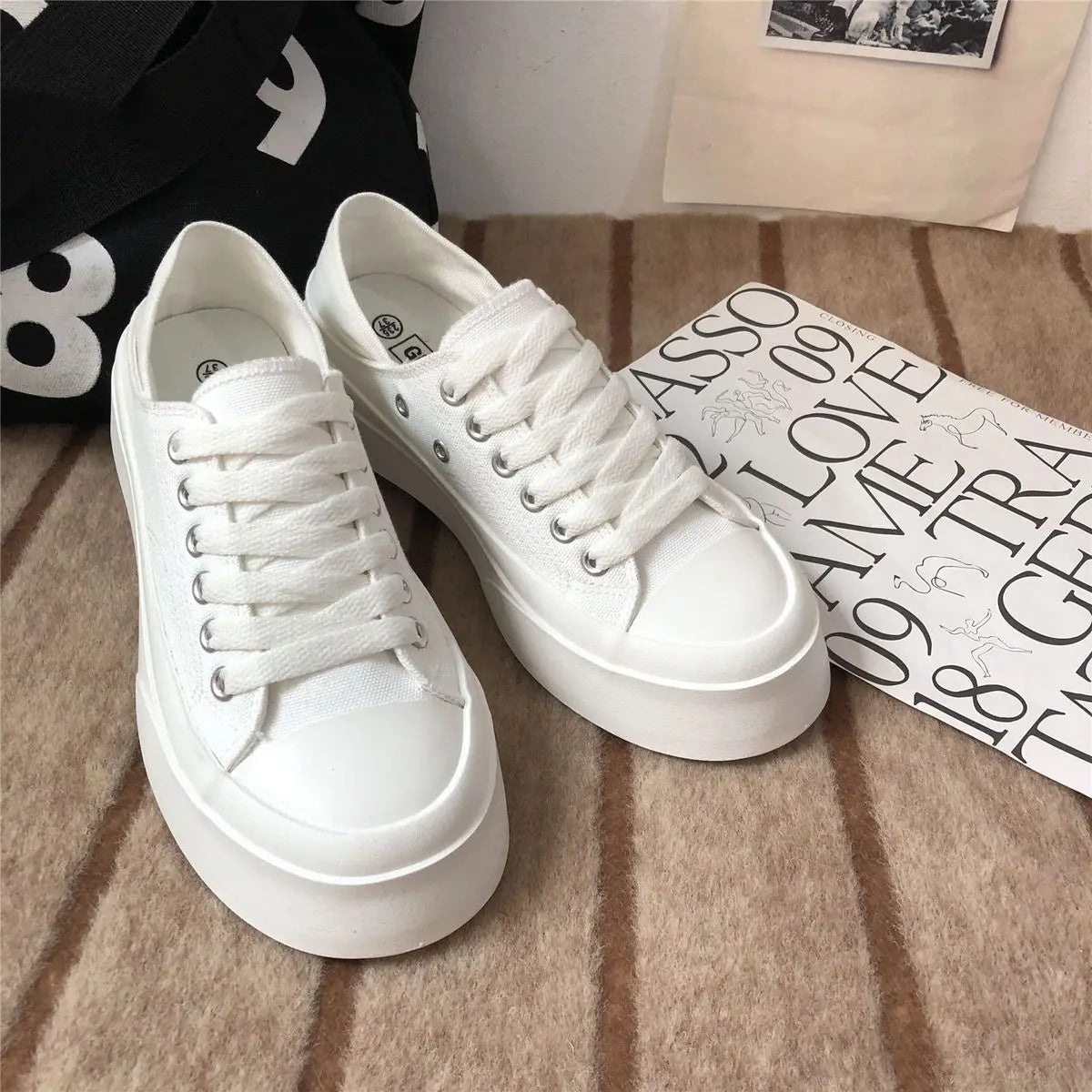 Women's Shoes Round Toe Female Footwear Canvas White High On Platform Stylish Offer New Arrival 2025 Cheap Low Price Urban
