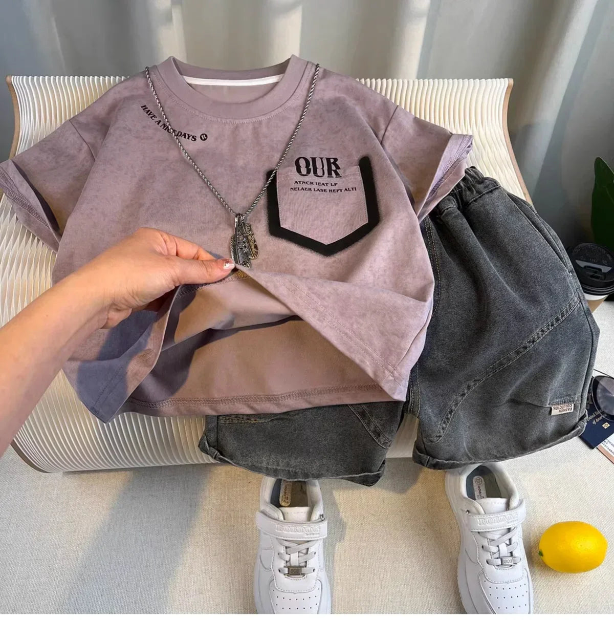 New Boys Fashion Summer Cotton Letter Printing T-shirts+Graffiti Denim Shorts 2pcs Set Kids Korean Outfits Sets Children Clothes