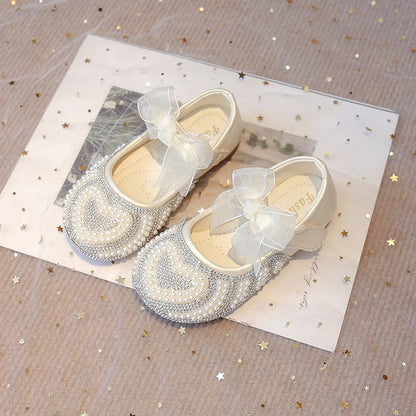 Girls Rhinestone Shoes with Big Heart Pearl Lace Bowtie Fashion Princess Sweet Kids Dress Flats for Wedding Party Chic Elegant