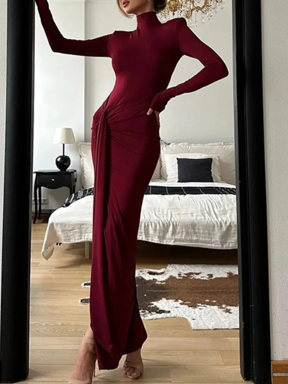 Women‘’s Dresses Autumn and Winter Fashion Sexy High-neck Long-sleeve Solid Color Dress with Waist Tie Club Long Dress