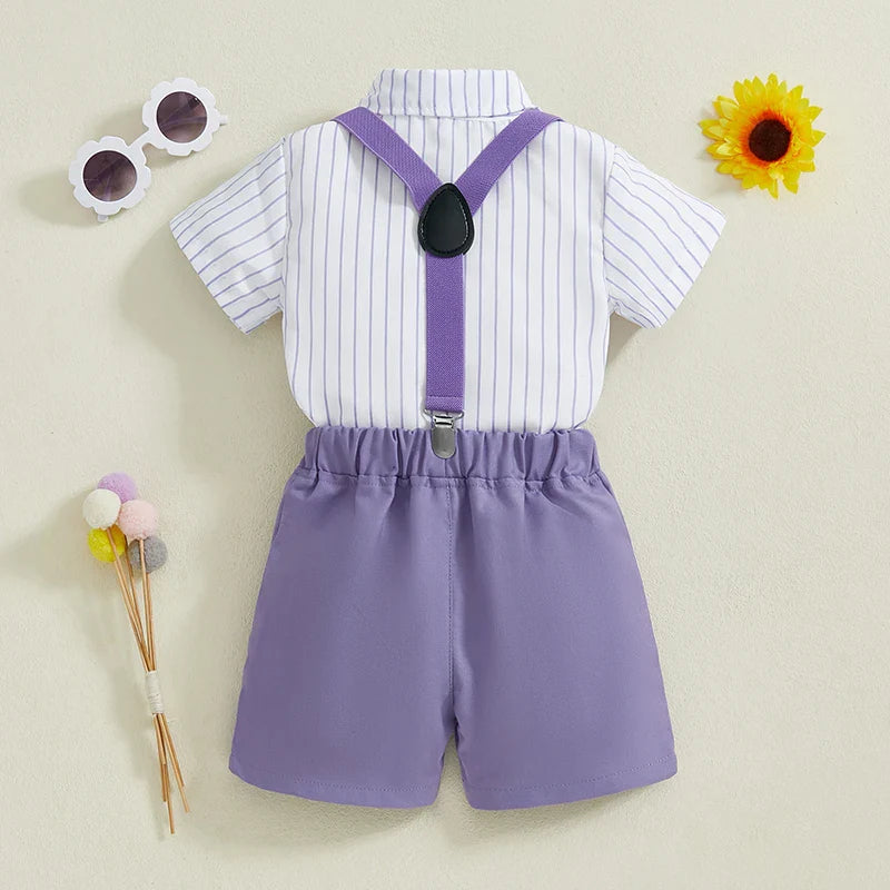 Boy Gentleman Outfit Vertical Stripe Print Short Sleeves Shirt with Bow Tie and Suspender Shorts Set for Formal Wear