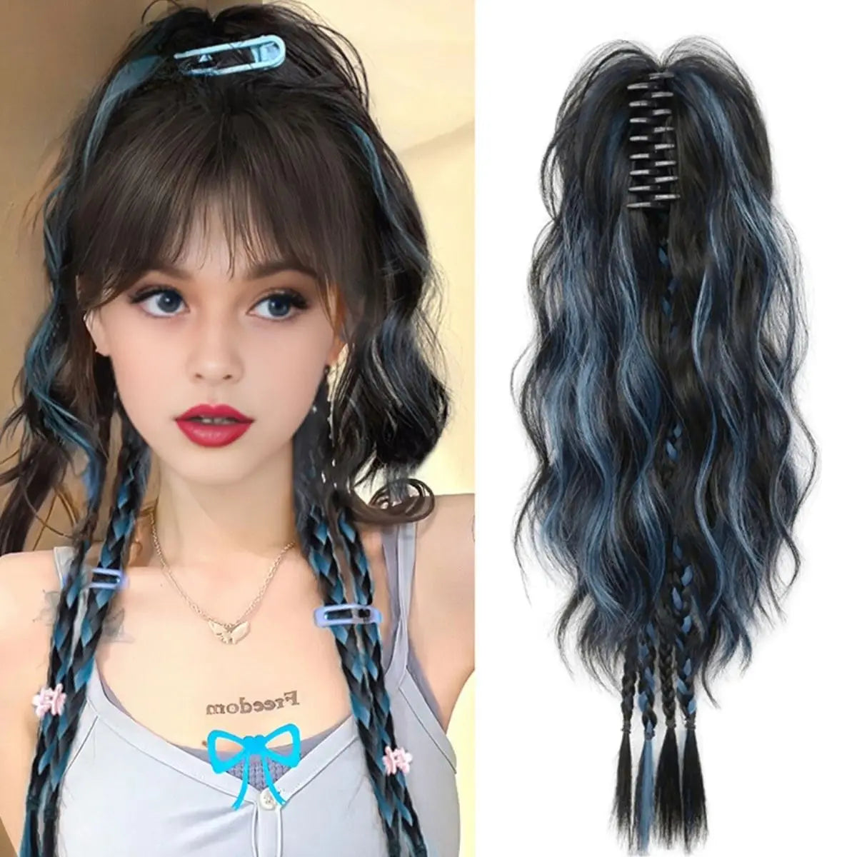 Boxer braid hair clips, Sweet Cool Style Women's Hair Extensions, Short Curly Hair with Long Ponytail Claw Clip, Daily Use