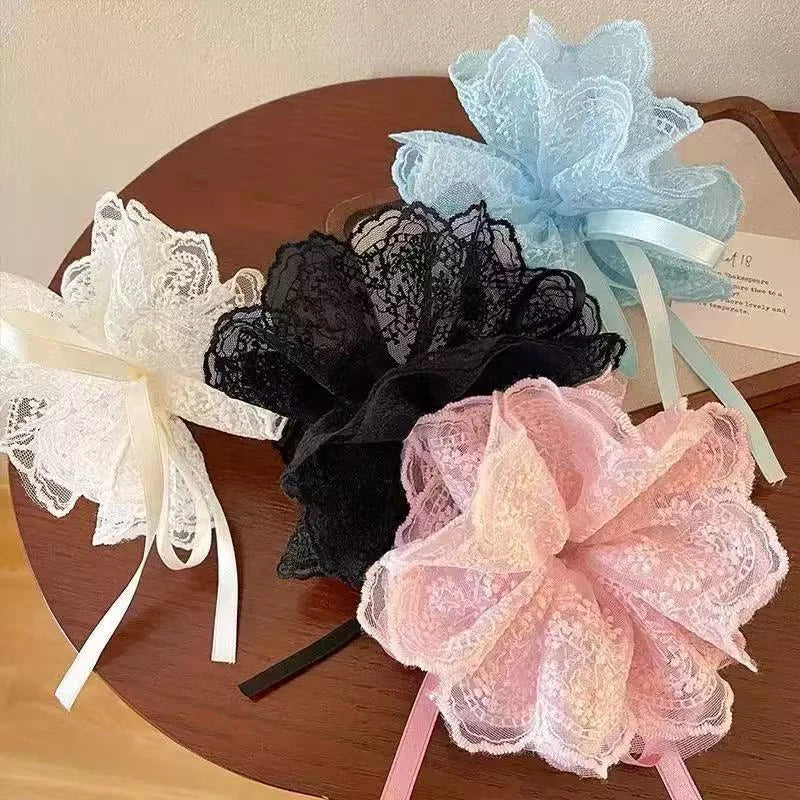 Sweet Drawstring Bow Lace Hair Scrunchies For Women Elastic Hair Bands Ponytail Holders Girl Hair Accessories