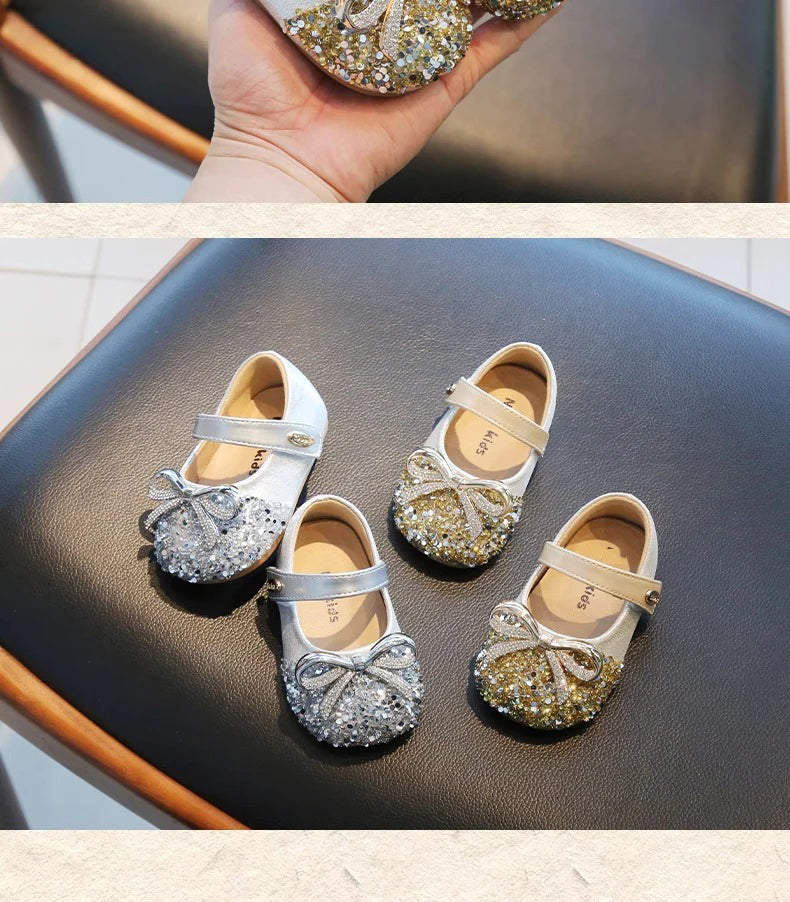 Bling Sequine Flats Shoes For Kids Princess Gold Silver Bowtie Dress Shoes For Toddler Girls Spring Autumn Causal Baby Walkers