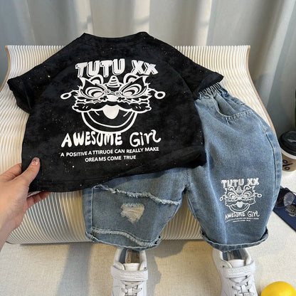 New Boys Fashion Summer Cotton Letter Printing T-shirts+Graffiti Denim Shorts 2pcs Set Kids Korean Outfits Sets Children Clothes