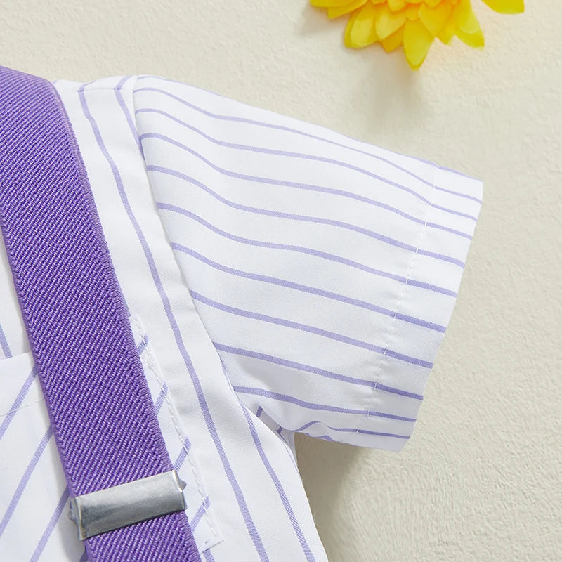 Boy Gentleman Outfit Vertical Stripe Print Short Sleeves Shirt with Bow Tie and Suspender Shorts Set for Formal Wear