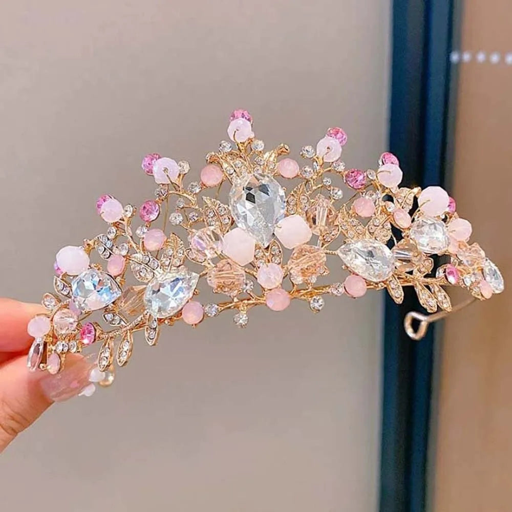 Ancient Vintage Pink Floral Crown Elegant Shiny Crown Hair Accessory Headwear Alloy Princess Rhinestone Tiara Photography Props