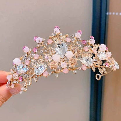 Ancient Vintage Pink Floral Crown Elegant Shiny Crown Hair Accessory Headwear Alloy Princess Rhinestone Tiara Photography Props