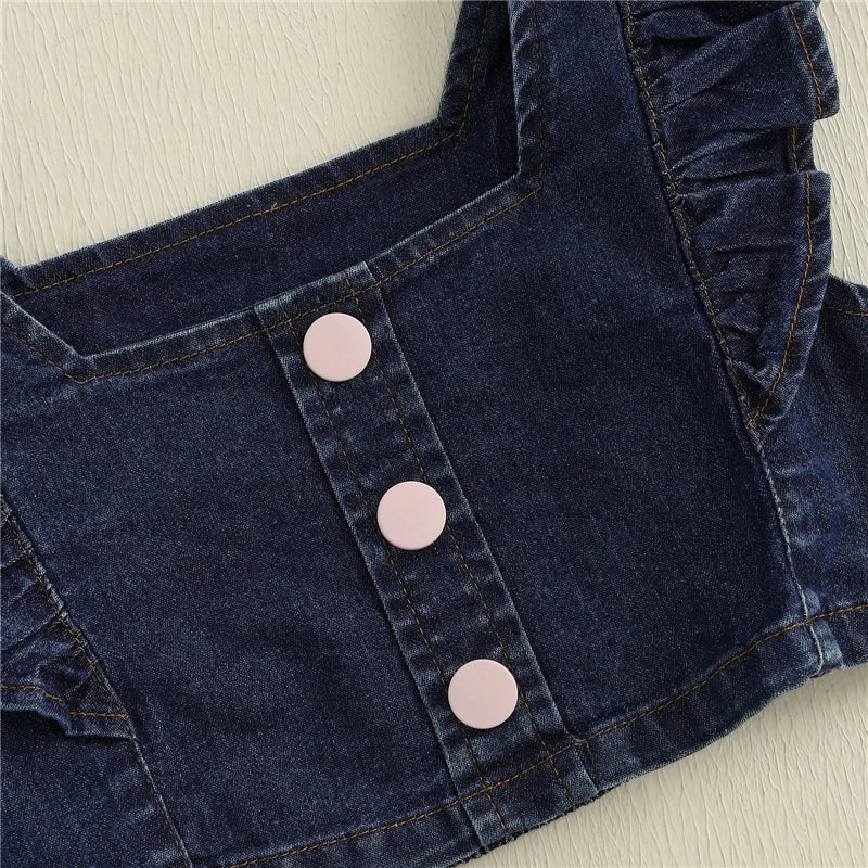 Baby Girls Summer Outfits Fly Sleeves Denim Tank Tops and Elastic Denim Shorts with Belt Set Fashion Children Kids Clothes