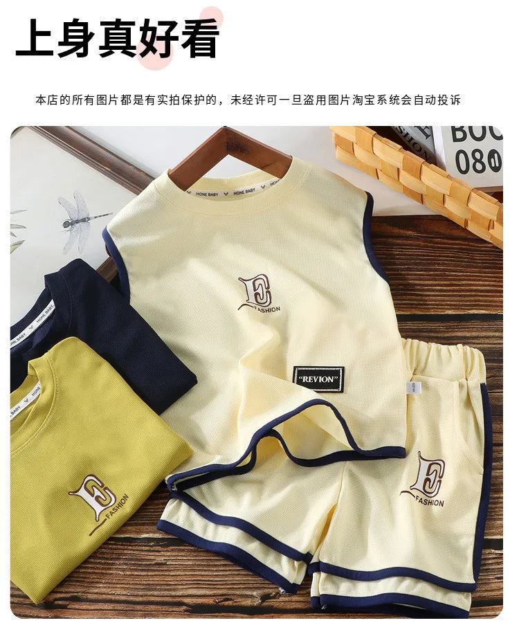 Kids Clothing Sets Summer Sleeveless T-shirt +shorts 2pcs/set Sport Suits for Boys Waffle Baby Sports Tracksuits Toddler Outfits