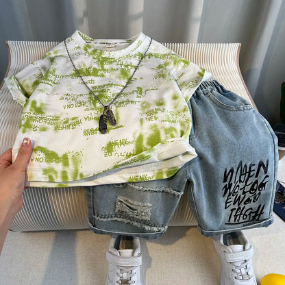 New Boys Fashion Summer Cotton Letter Printing T-shirts+Graffiti Denim Shorts 2pcs Set Kids Korean Outfits Sets Children Clothes