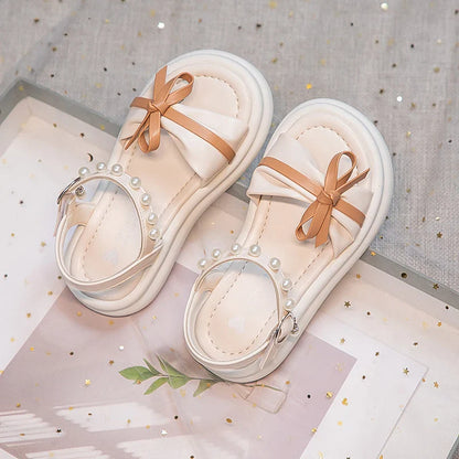 Girls Sweet Princess Sandals Soft Bottom Children Summer Beach Shoes Non-Slip Soft Sole Kids Flats Beading Sandals with Bow-knot