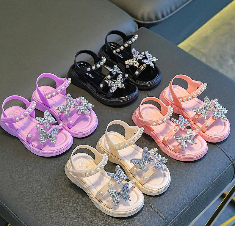 Kids' Sandals PU Leather Sequin Peep Toe Summer Outdoor Flat Shoes For Girls Breathable Anti-slip White Purple Pink