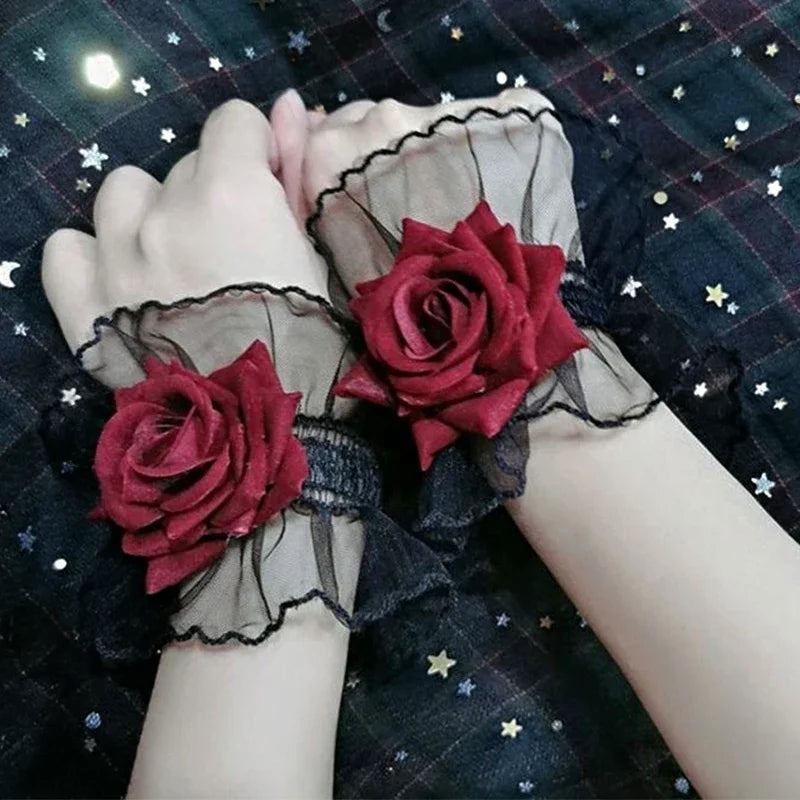 Dark Gothic Red Rose Wristband Flowers Mesh Hand Ornaments Fake Sleeve Detachable Lace Wrist Bands Bracelets Accessories