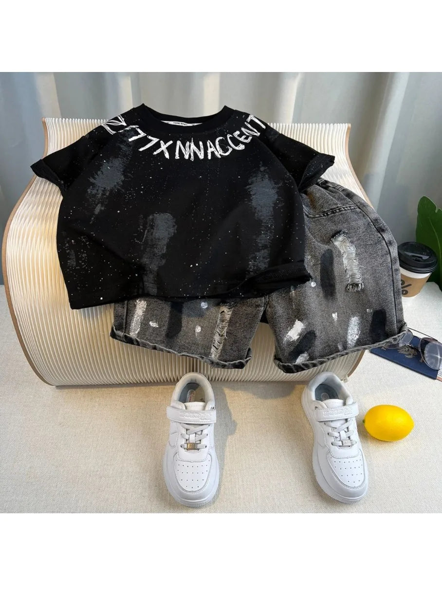 New Boys Fashion Summer Cotton Letter Printing T-shirts+Graffiti Denim Shorts 2pcs Set Kids Korean Outfits Sets Children Clothes