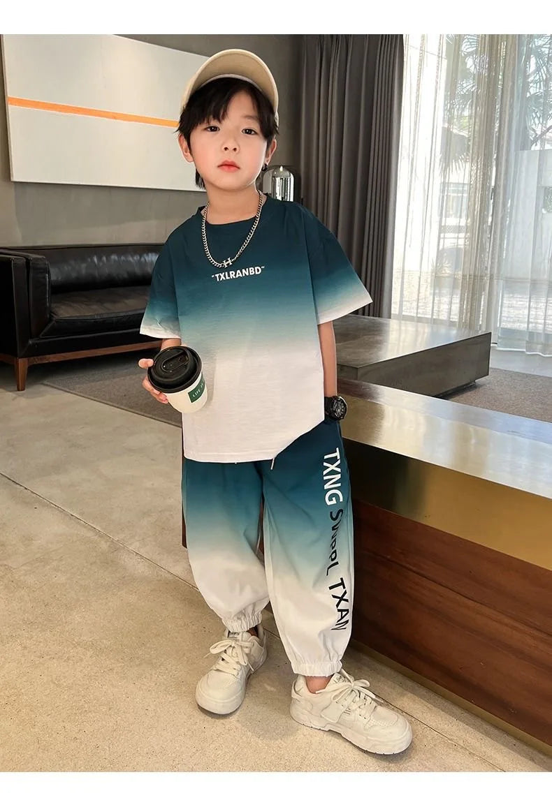 Summer teenager Boys Sports Suit Letter T Shirt + hip hop shorts Pants Kids Clothes Tracksuit 4 5 6 7 8 9 10 11 12 Years