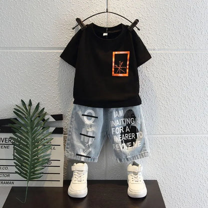 New Boys Sleeveless Vest Denim Shorts 2PC Sets Outdoor Festival Clothing Vintage Print Kids Miracle Design 2-10 Years White Tops