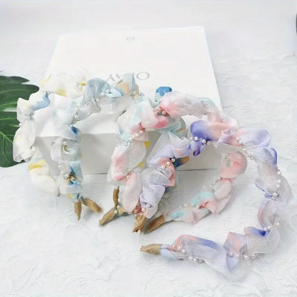 French Pearl Headband – Crinkled Fabric with Floral Print, Padded Volumizing Hairband for Women Headbands for Women