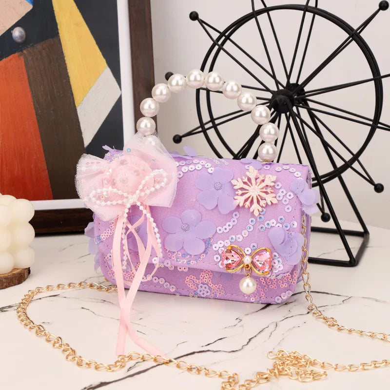 Cute Sequin Bow Kids Mini Square Shoulder Bags Versatile Children Chain Crossbody Bag Lace Girls Pearl Handbags Clutch Purse