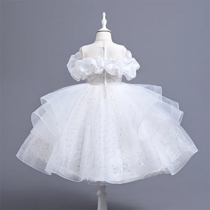 New Girl's Wedding Evening Dress Petal Sequin Mesh Sleeveless Dress Birthday Party School Graduation Party Dress