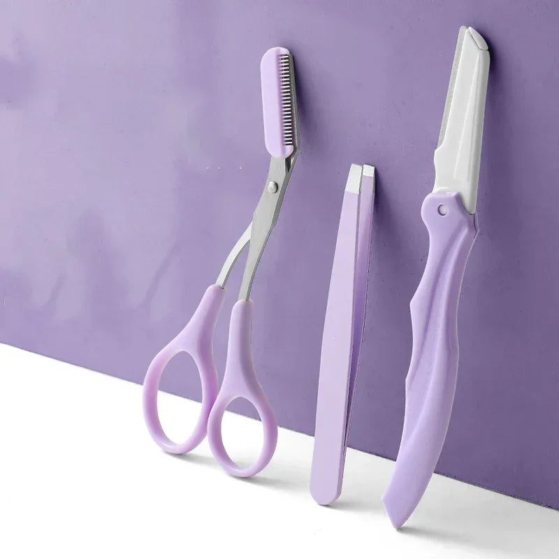 Private Label 3Pcs/Set Makeup Tools Portable Eyebrow Trimming Set Eyebrow Razor Eyebrow Scissors with Comb