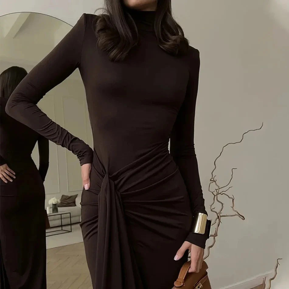 Women‘’s Dresses Autumn and Winter Fashion Sexy High-neck Long-sleeve Solid Color Dress with Waist Tie Club Long Dress