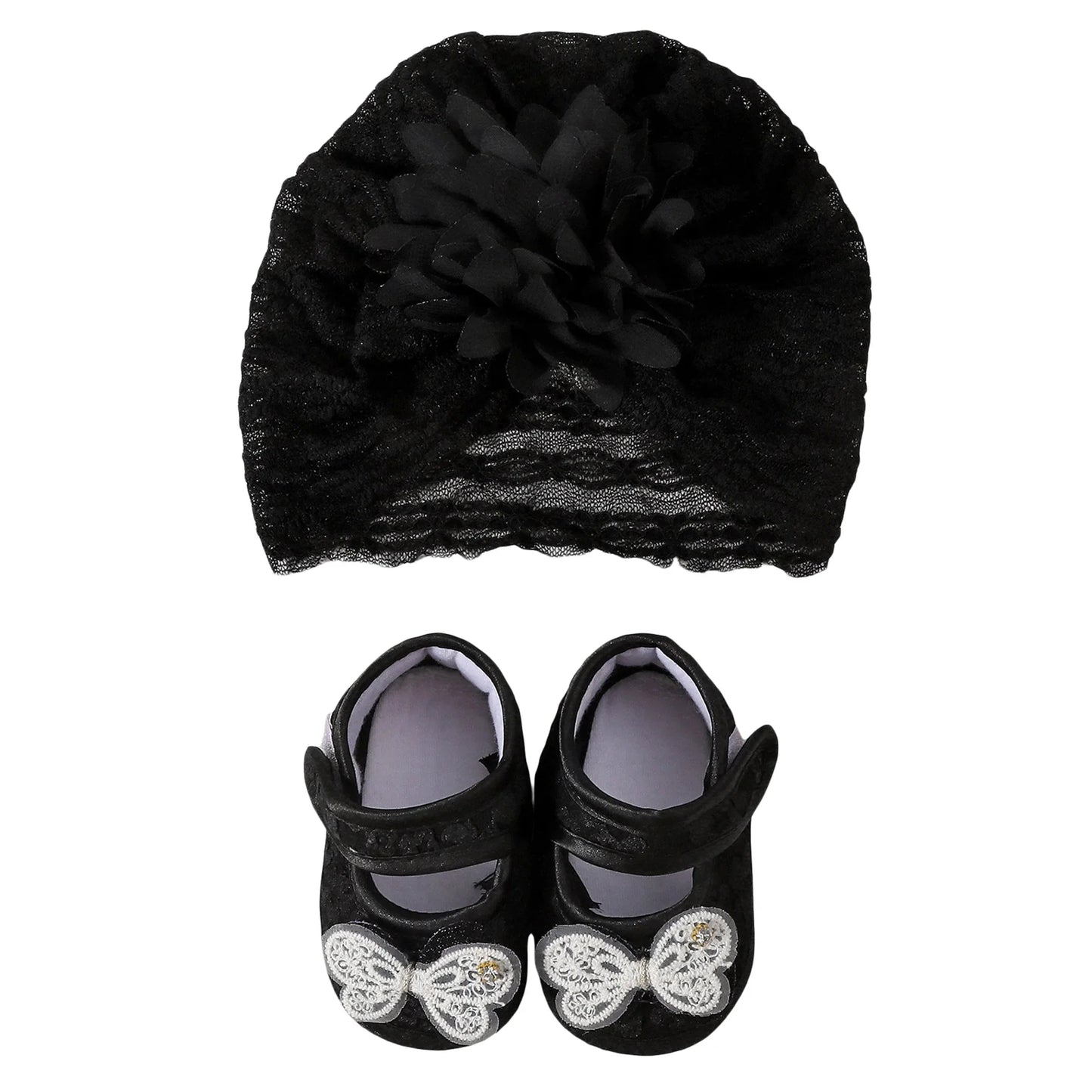 Baby Girls Princess Shoes and Turban Hat Set Bow Decor Lace Soft Non-slip Bottom First Walking Shoes