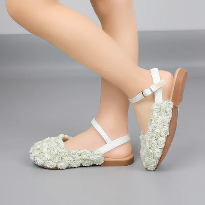 Girls Half Sandals Kids Princess Flowers Dress Shoes Fashion Simple Summer Children Flat Mary Janes Shoes for Party Wedding