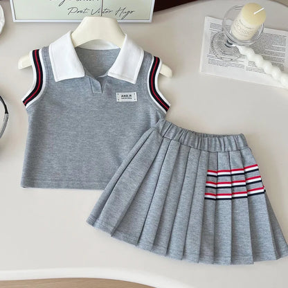 Baby Girl College Style Summer 2PCS Clothes Set Polo Collar Kid Girl Vest Top Set Thin Stylish Stripe Pleated Skirt Belle Outfit